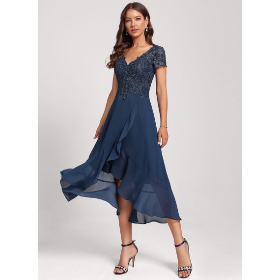 A-Line V-neck Asymmetrical Chiffon Lace Cocktail Dress
