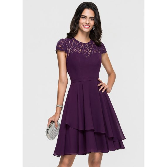 A-Line Scoop Knee-Length Chiffon Homecoming Dress With Cascading Ruffles