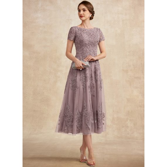 A-line Scoop Tea-Length Lace Tulle Evening Dress