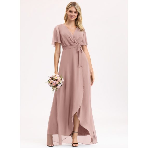 A-Line V-neck Asymmetrical Chiffon Bridesmaid Dress With Bow(s) Pleated